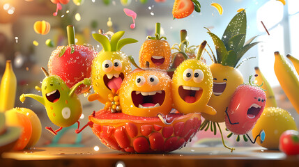 Obraz na płótnie Canvas A group of diverse and animated fruits having a dance party in a fruit bowl