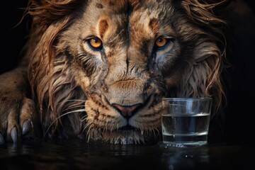 Captivating Lion Portrait: Emotional Aspects During Drinking Water Moment