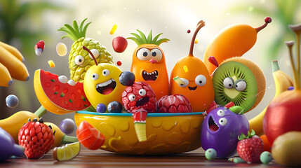 
A group of diverse and animated fruits having a dance party in a fruit bowl