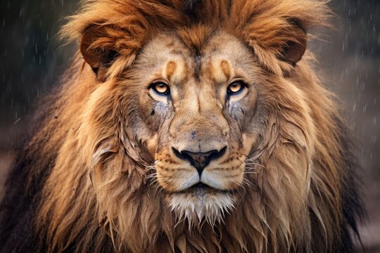 Close-up of Lion with Morning Dew on Majestic Mane in Natural Setting