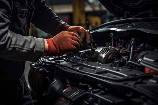 Close-up Image of Skilled Mechanic's Hands Demonstrating Professionalism and Precision in Car Repair
