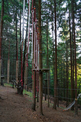 Rope-way in adventure park. Empty extreme rope park with ziplines, routes and games in real forest in mountains