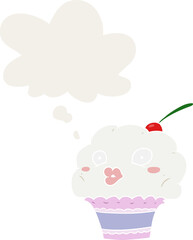 cartoon cupcake and thought bubble in retro style