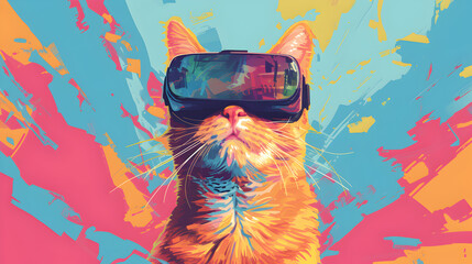A playful illustration of a cat wearing virtual reality glasses