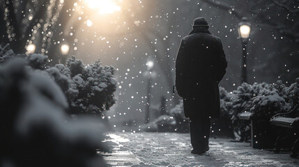 Monochrome illustration of a lonely man walking through a well-lit and well-maintained city park path on a fairy-tale snowy winter night - obrazy, fototapety, plakaty