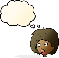 cartoon woman looking with thought bubble