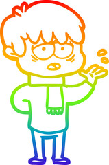 rainbow gradient line drawing cartoon exhausted boy