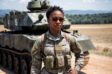 Fototapeta premium A strong and determined soldier girl standing proudly in front of an armored vehicle