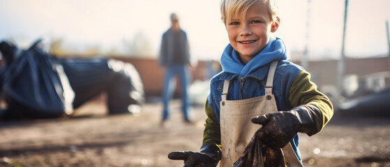 happy child collecting garbage taking care of the environment giving setting an example for adults