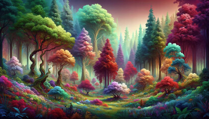 Fototapeta na wymiar many colorful trees in an magical landscape