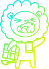 cold gradient line drawing cartoon lion with christmas present