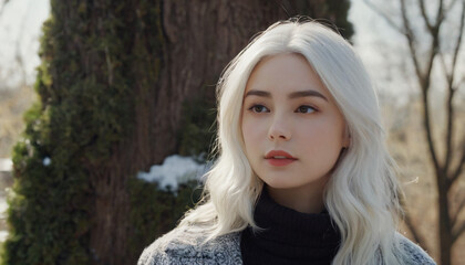Young Blonde Woman with White Hair, Posing by a Tree in Winter - Emotional, Snowy Scene with Detailed Face and Floating Hair