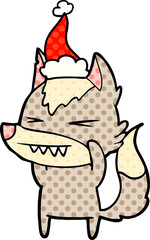 angry wolf comic book style illustration of a wearing santa hat