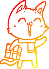 warm gradient line drawing happy cartoon cat with christmas gift