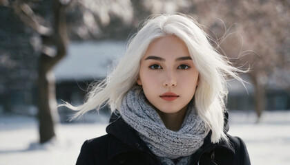 Young Blonde Woman with White Hair, Standing in Wintery Scene: Snowy Trees, Sunlight, Floating Hair