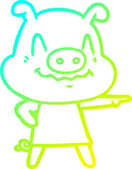 cold gradient line drawing nervous cartoon pig wearing dress