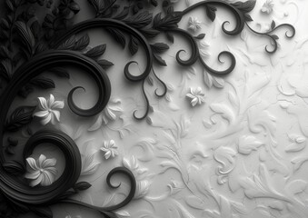 black white background with golden swirl and flowers and place for text