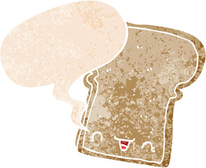 cute cartoon slice of bread and speech bubble in retro textured style