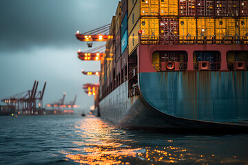 Fototapeta premium Large Cargo Ship in the Ocean at Night