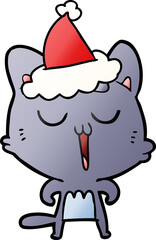 gradient cartoon of a cat singing wearing santa hat