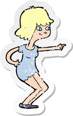 retro distressed sticker of a cartoon girl pointing