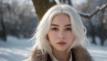 Young White-Haired Girl with Blue Eyes and Pink Lips in Wintery Setting: Emotional Innocence Amidst Snowy Trees and Sunshine