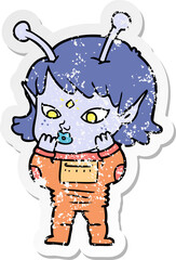 distressed sticker of a pretty cartoon nervous alien girl