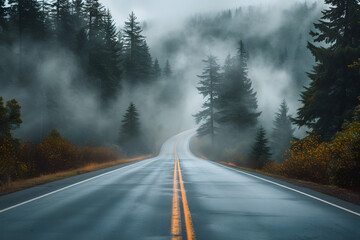 Foggy Road Cutting Through Forest