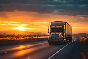 Semi Truck Driving on Highway at Sunset