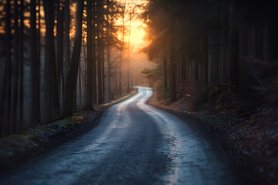 Serene Sunset Road in Forest