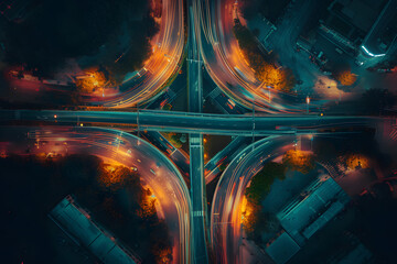 Aerial View of Highway Intersection at Night