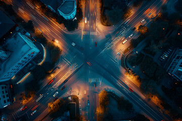 Aerial View of City Intersection at Night