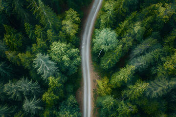 Aerial View of Road Cutting Through Forest - obrazy, fototapety, plakaty