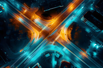 Aerial View of City Intersection at Night
