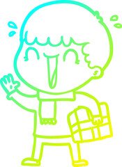 Fototapeta premium cold gradient line drawing laughing cartoon man with present