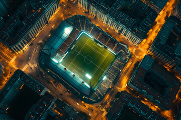 Aerial View of a Soccer Field at Night - obrazy, fototapety, plakaty