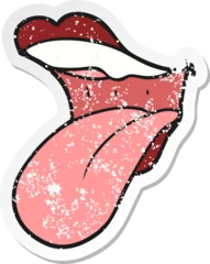  retro distressed sticker of a cartoon mouth sticking out tongue © lineartestpilot