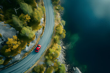 Aerial View of Red Car Driving on Road - obrazy, fototapety, plakaty