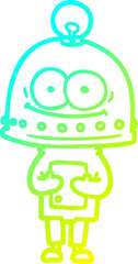 cold gradient line drawing happy carton robot with light bulb