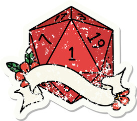 natural one d20 dice roll grunge sticker