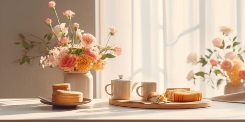 Fototapeta na wymiar minimalistic design A Mother's Day arrangement with tea and scones in front of a bright window