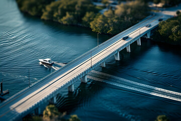 Aerial View of Bridge and Boat on Water