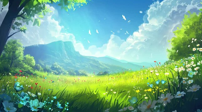Beautiful panorama in mountains valey,  Seamless looping 4k time-lapse virtual video animation background. Generated AI	