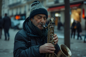 Man Playing Saxophone on City Street