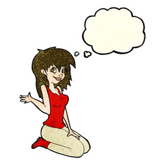 cartoon pretty girl waving with thought bubble