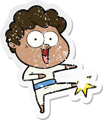 distressed sticker of a cartoon happy man