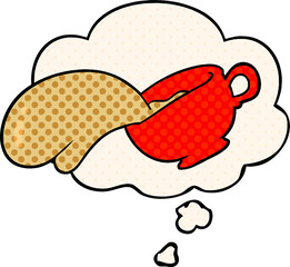 cartoon coffee cup and thought bubble in comic book style