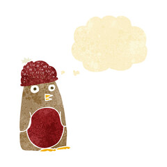 cartoon robin in hat with thought bubble