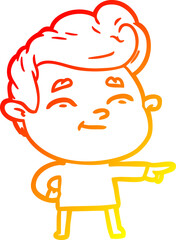 warm gradient line drawing happy cartoon man pointing