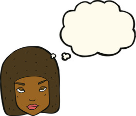 cartoon annoyed female face with thought bubble